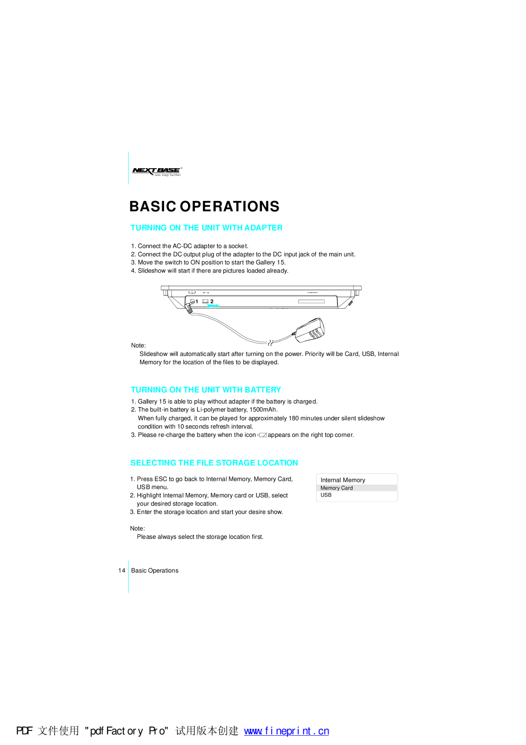 NextBase Gallery 15 manual Basic Operations, Turning on the Unit with Adapter, Turning on the Unit with Battery 