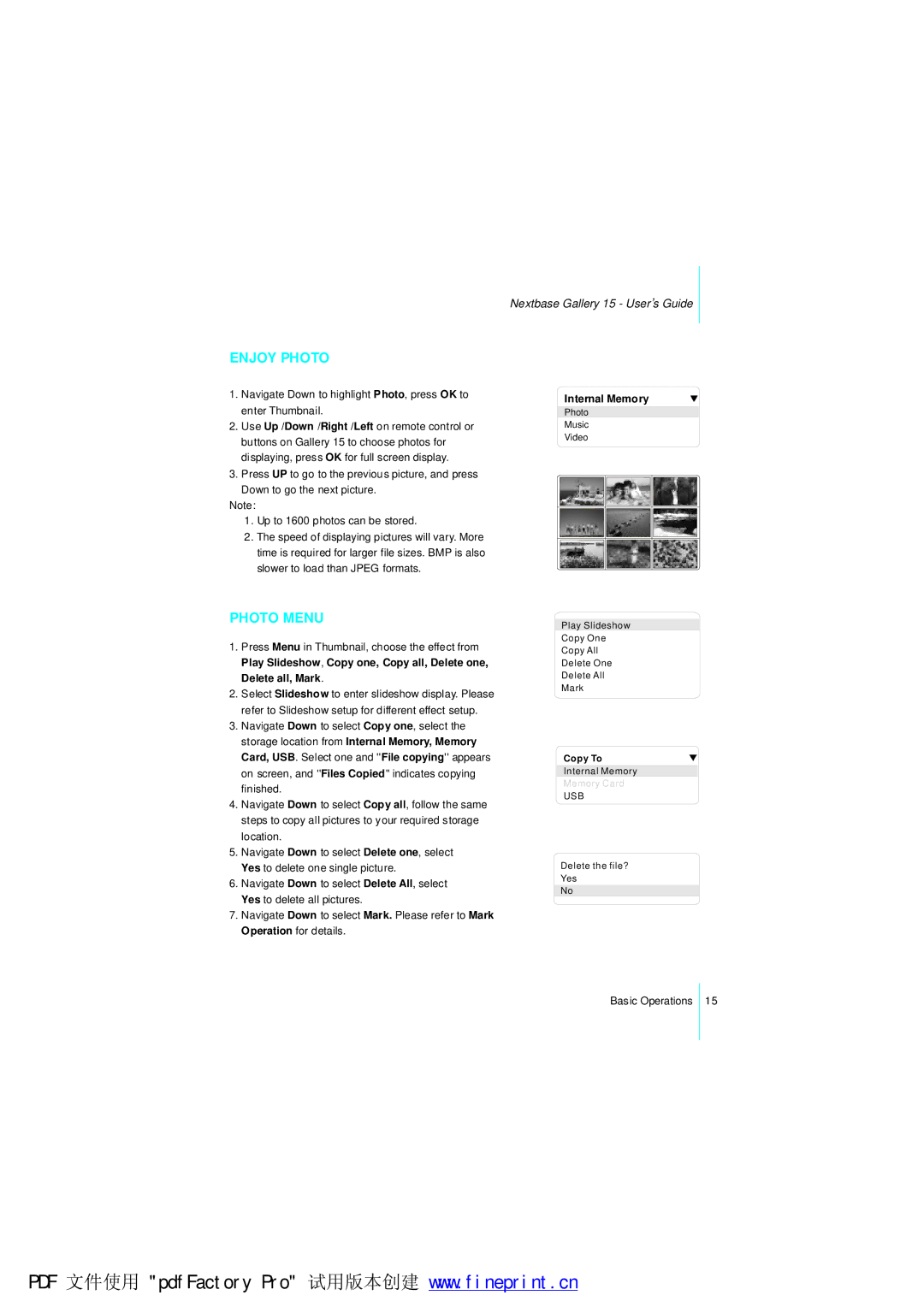NextBase Gallery 15 manual Enjoy Photo, Photo Menu 