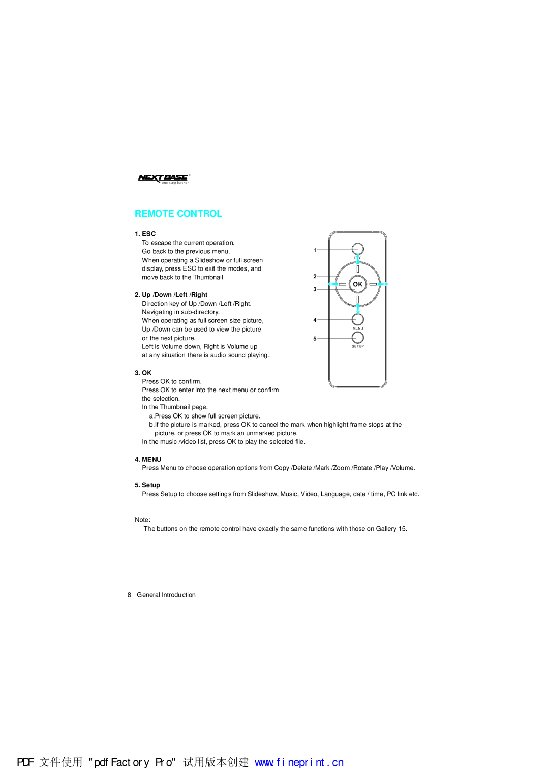 NextBase Gallery 15 manual Remote Control, Esc 