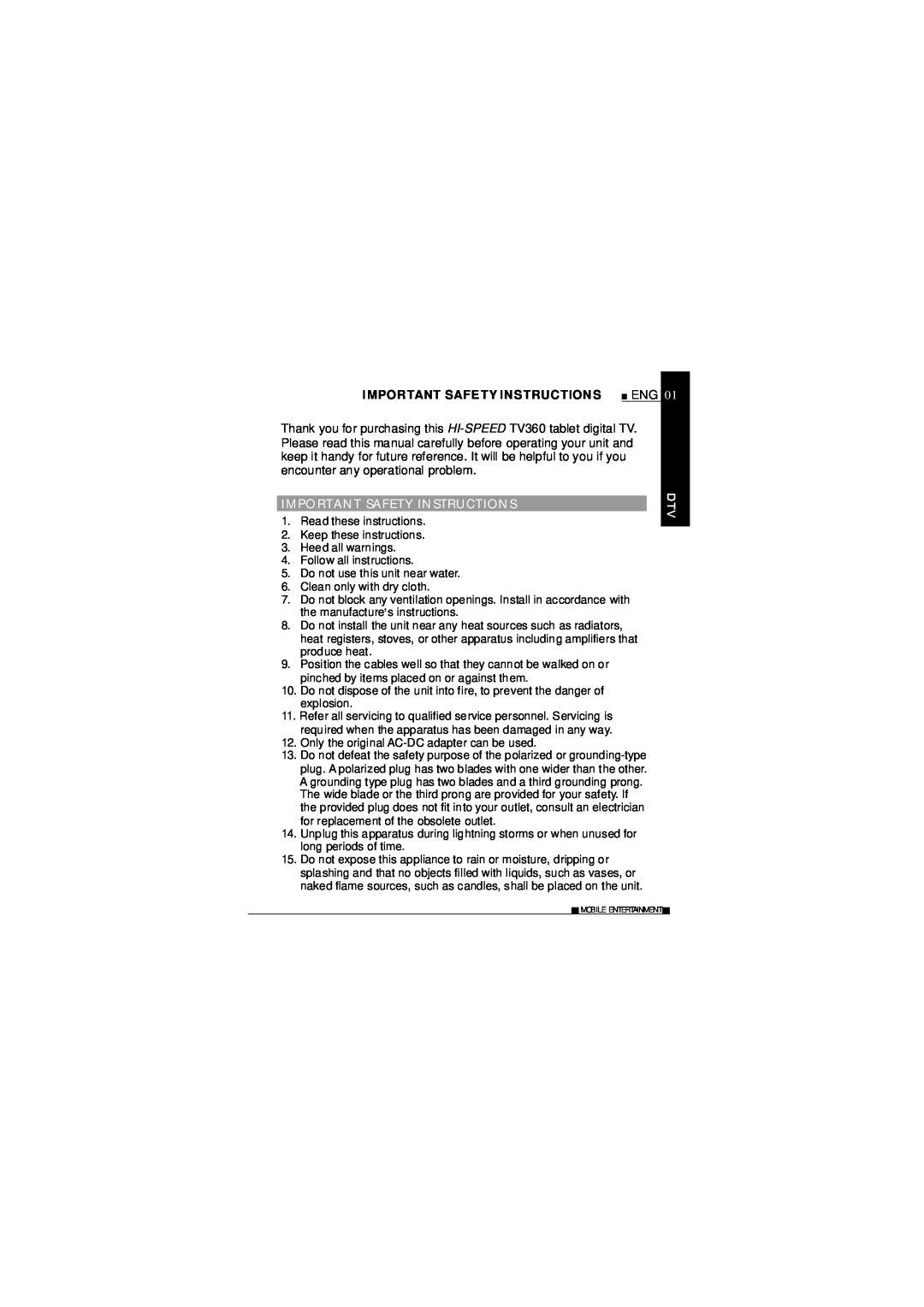 NextBase HI-SPEED TV360 manual Important Safety Instructions 