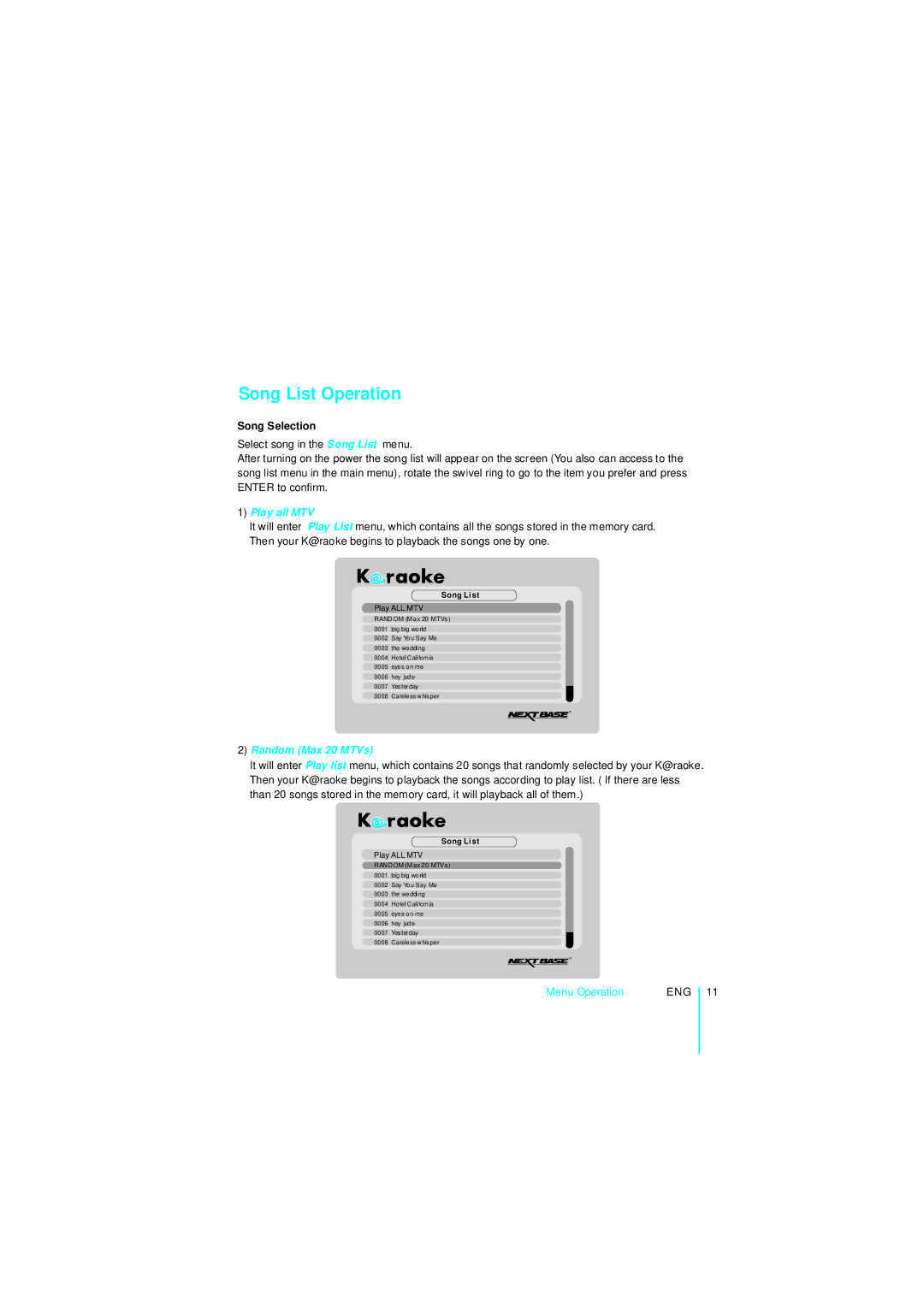 NextBase Microphone manual Song List Operation, Song Selection 