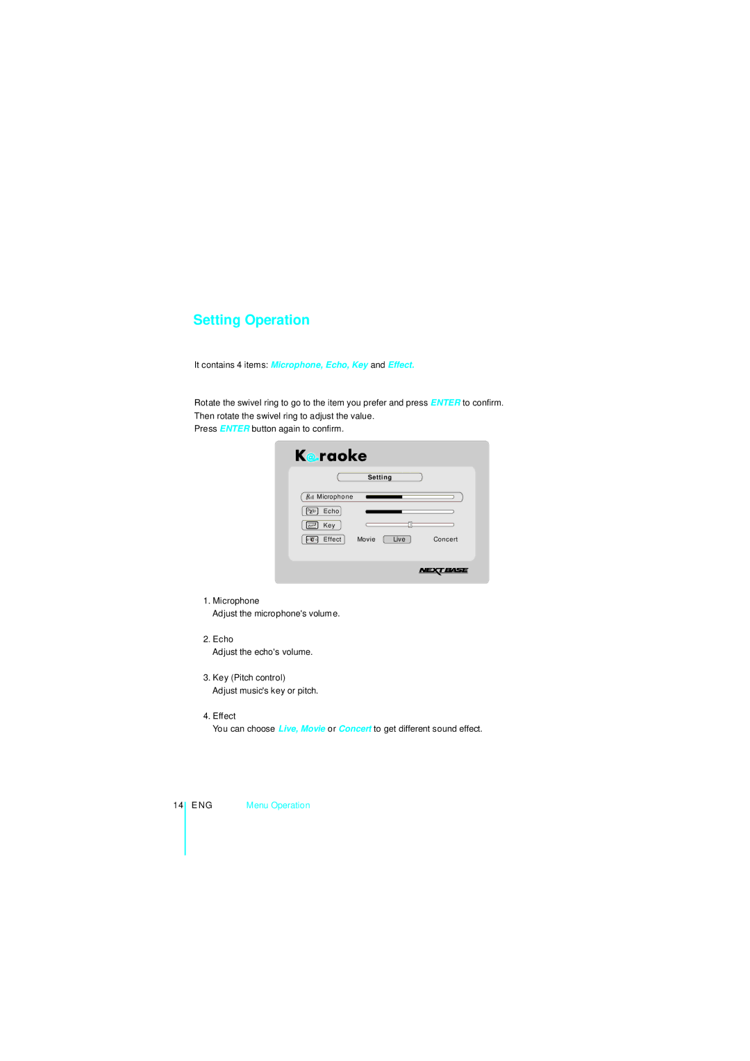 NextBase manual Setting Operation, It contains 4 items Microphone, Echo, Key and Effect 