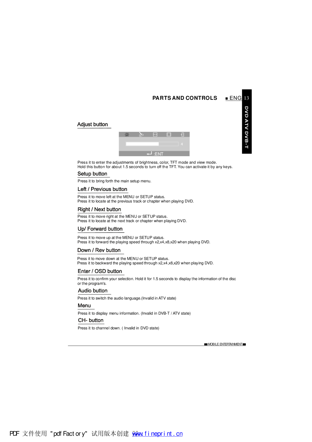 NextBase SDV1102-B operating instructions Parts and Controls, Ent 