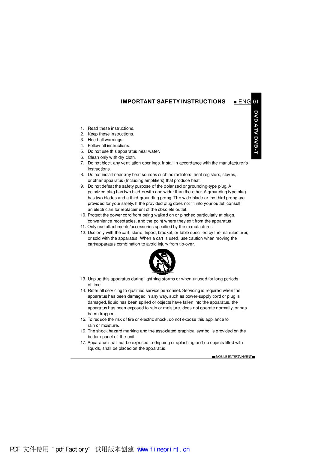 NextBase SDV1102-B operating instructions Important Safety Instructions, Eng 