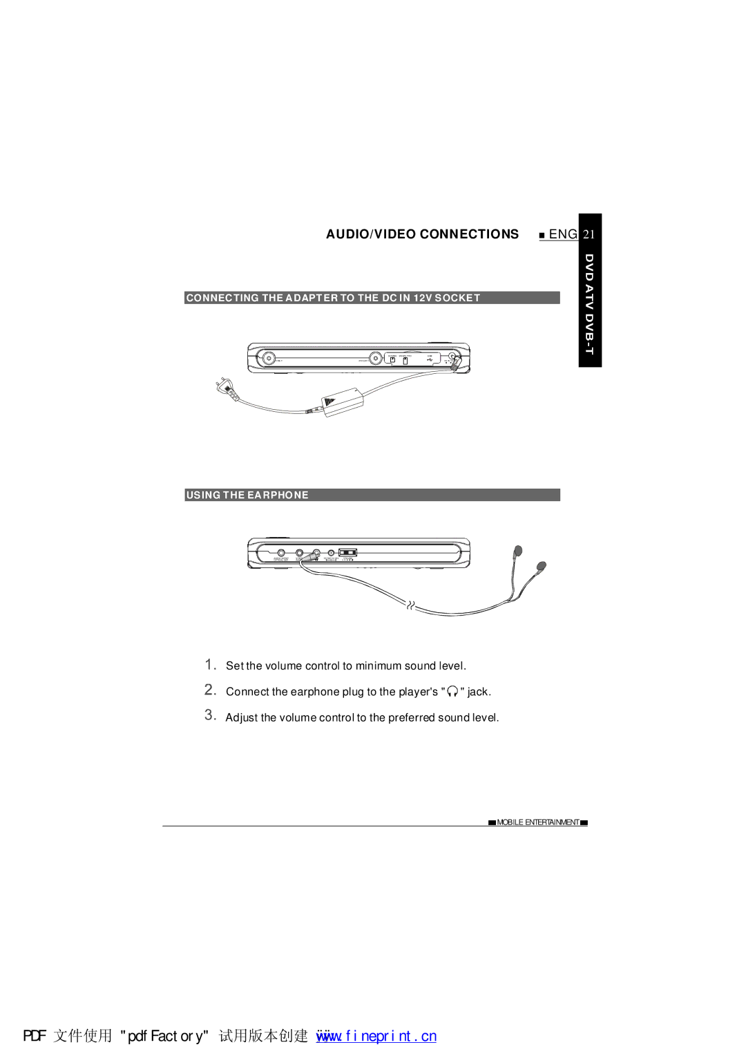 NextBase SDV1102-B AUDIO/VIDEO Connections, Connecting the Adapter to the DC in 12V Socket, Using the Earphone 