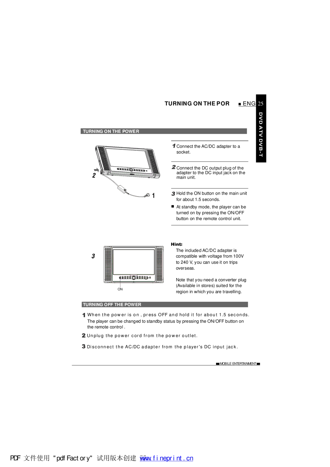 NextBase SDV1102-B operating instructions Turning on the POR, Turning on the Power, Turning OFF the Power 