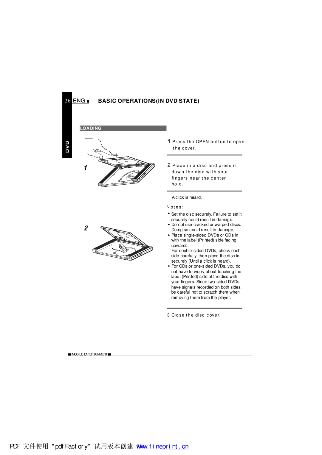 NextBase SDV1102-B operating instructions ENG Basic Operationsin DVD State, Loading 