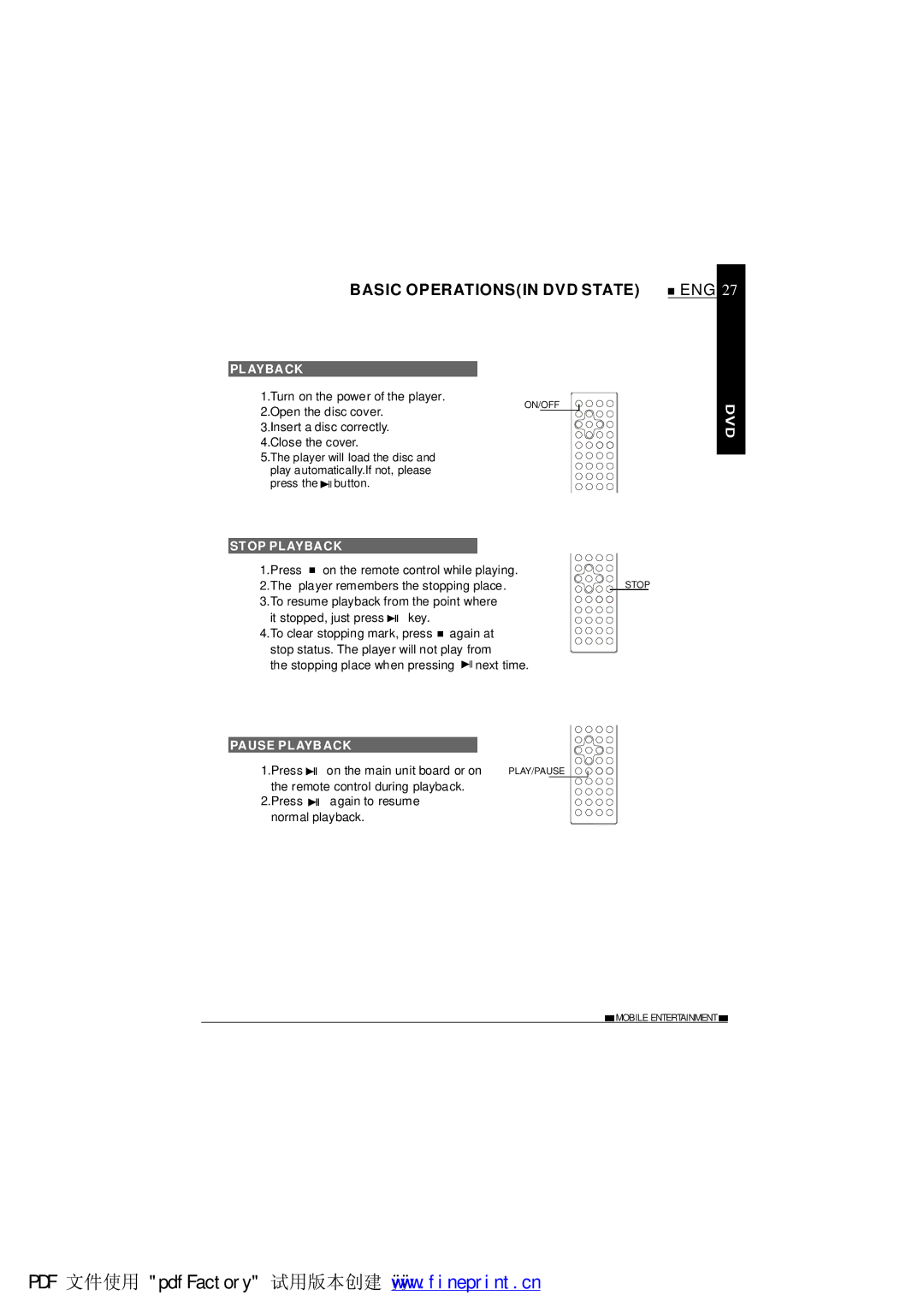 NextBase SDV1102-B operating instructions Basic Operationsin DVD State, Stop Playback, Pause Playback 