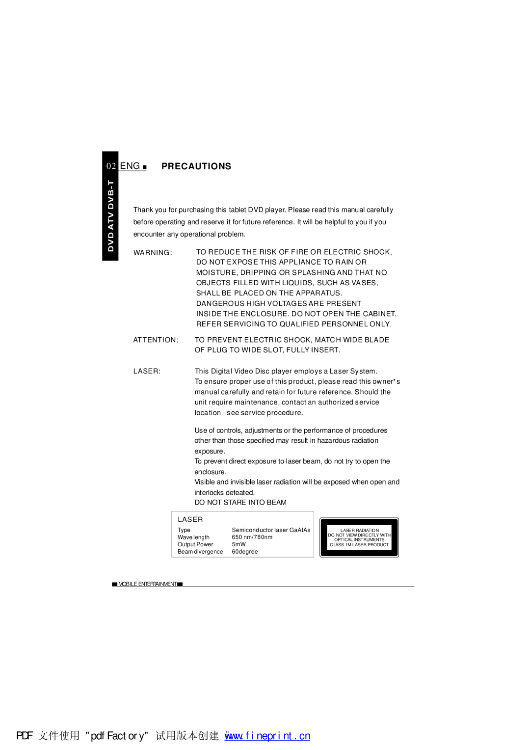 NextBase SDV1102-B operating instructions ENG Precautions, Laser 