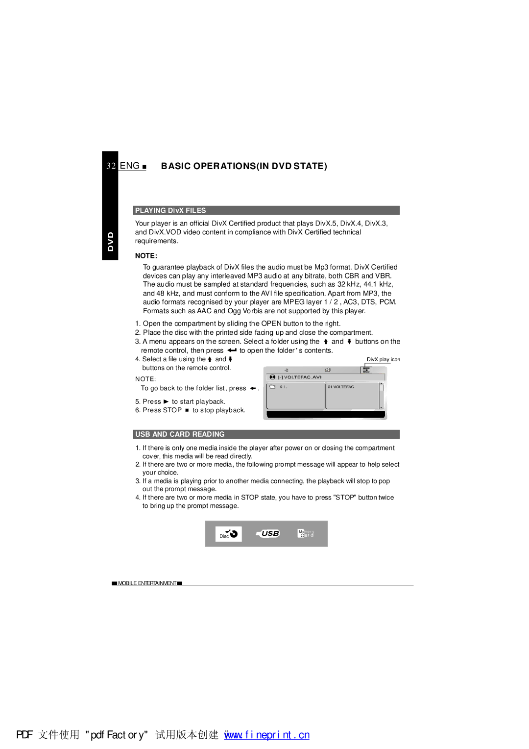 NextBase SDV1102-B operating instructions Playing DivX Files, USB and Card Reading 