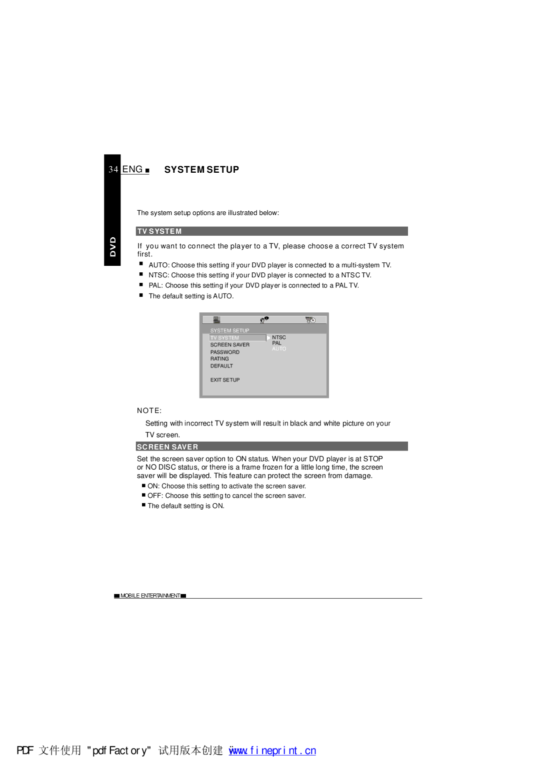 NextBase SDV1102-B operating instructions ENG System Setup, TV System, Screen Saver 