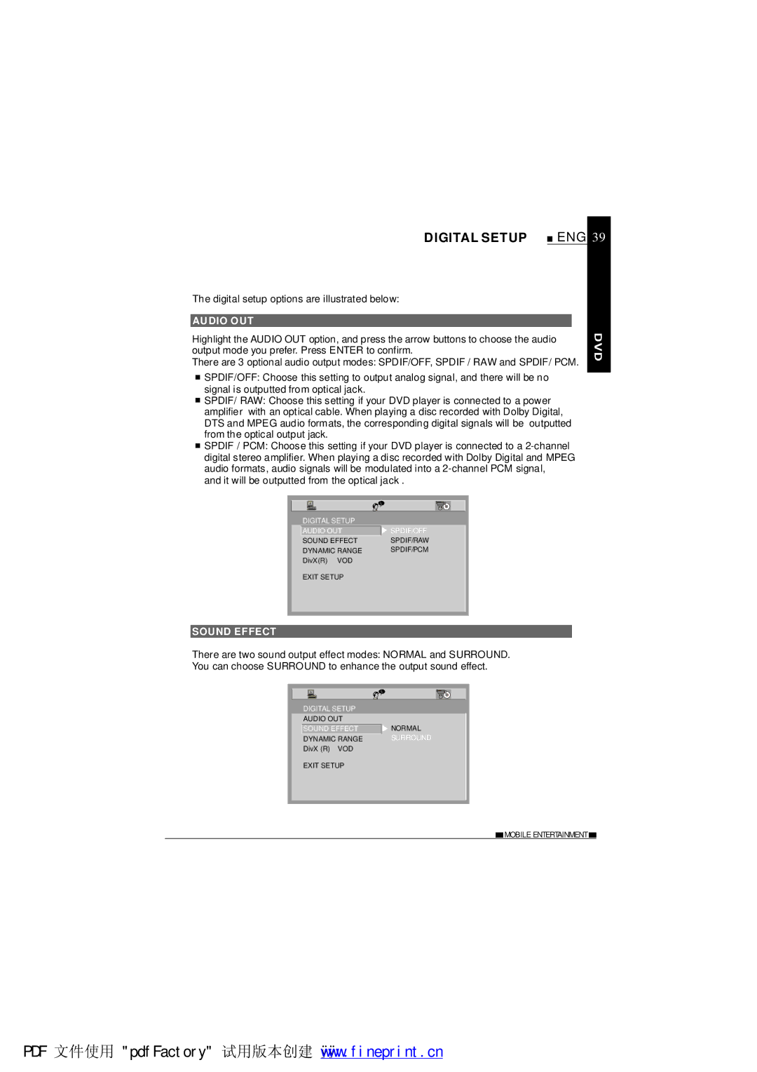 NextBase SDV1102-B operating instructions Digital Setup, Audio OUT, Sound Effect 