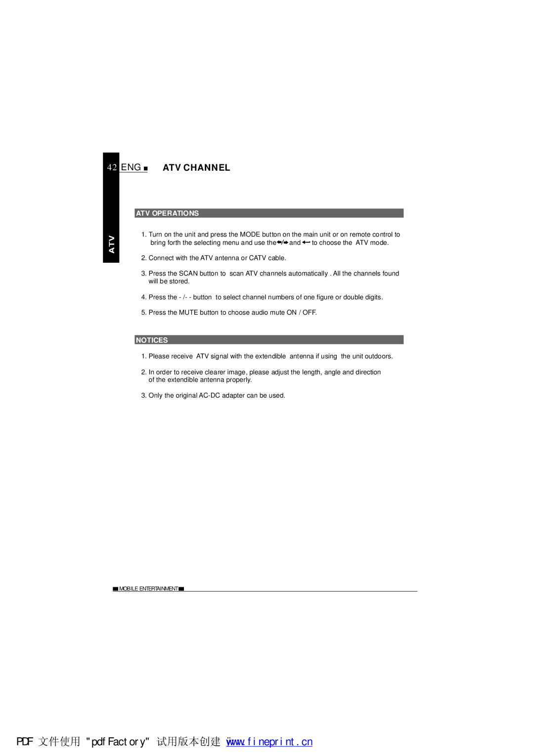 NextBase SDV1102-B operating instructions ENG ATV Channel, ATV Operations 