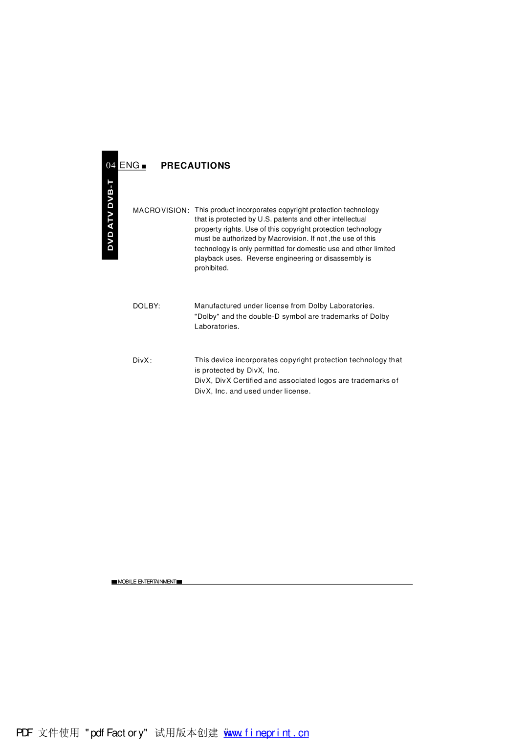 NextBase SDV1102-B operating instructions Macrovision Dolby 