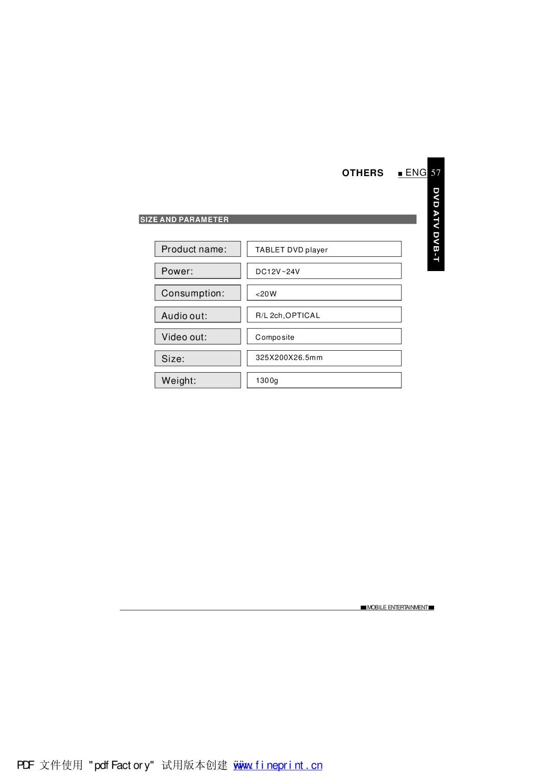 NextBase SDV1102-B operating instructions Others, Size and Parameter 