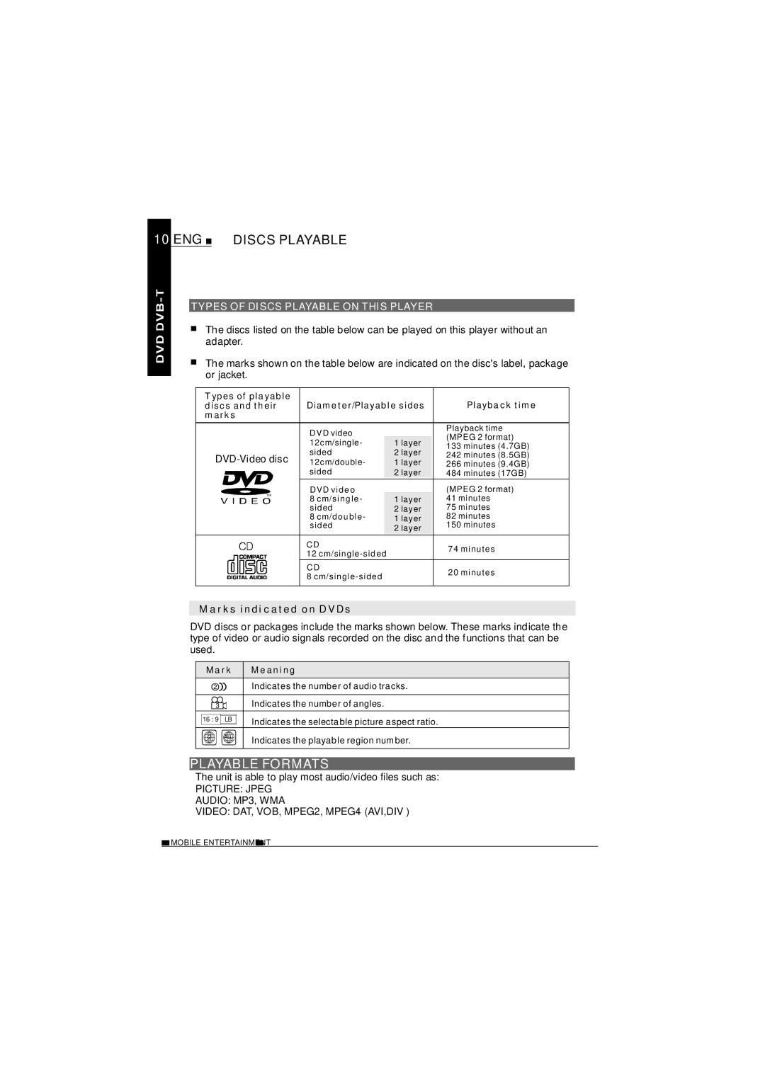 NextBase SDV1102-D operating instructions ENG Discs Playable, Playable Formats, Types of Discs Playable on this Player 