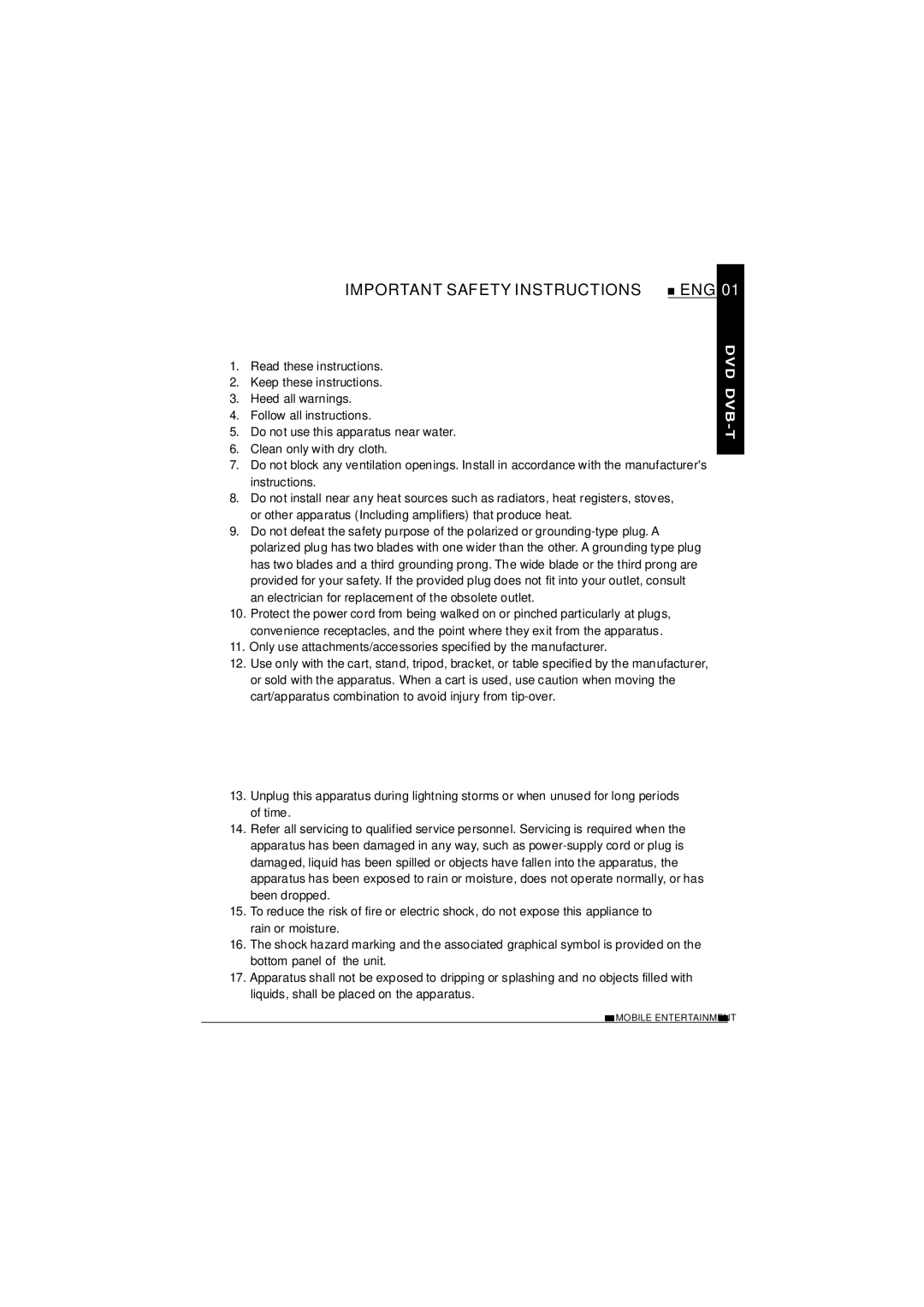 NextBase SDV1102-D operating instructions Important Safety Instructions, Eng 