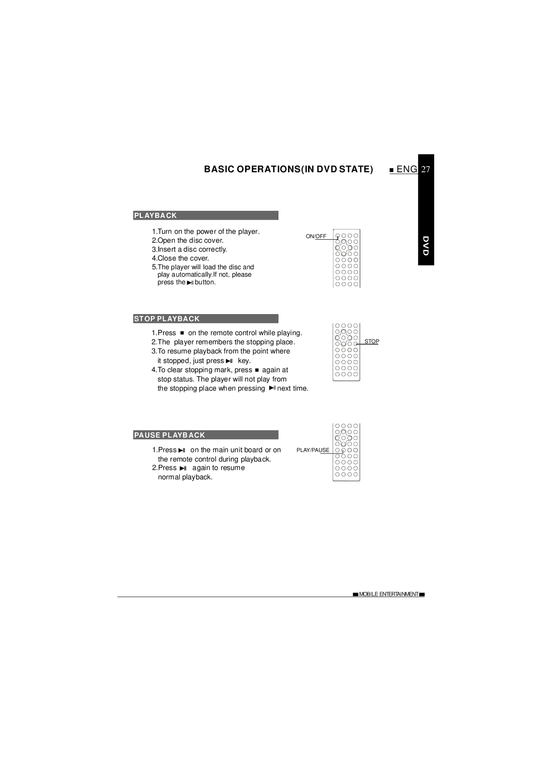 NextBase SDV1102-D operating instructions Basic Operationsin DVD State, Stop Playback, Pause Playback 