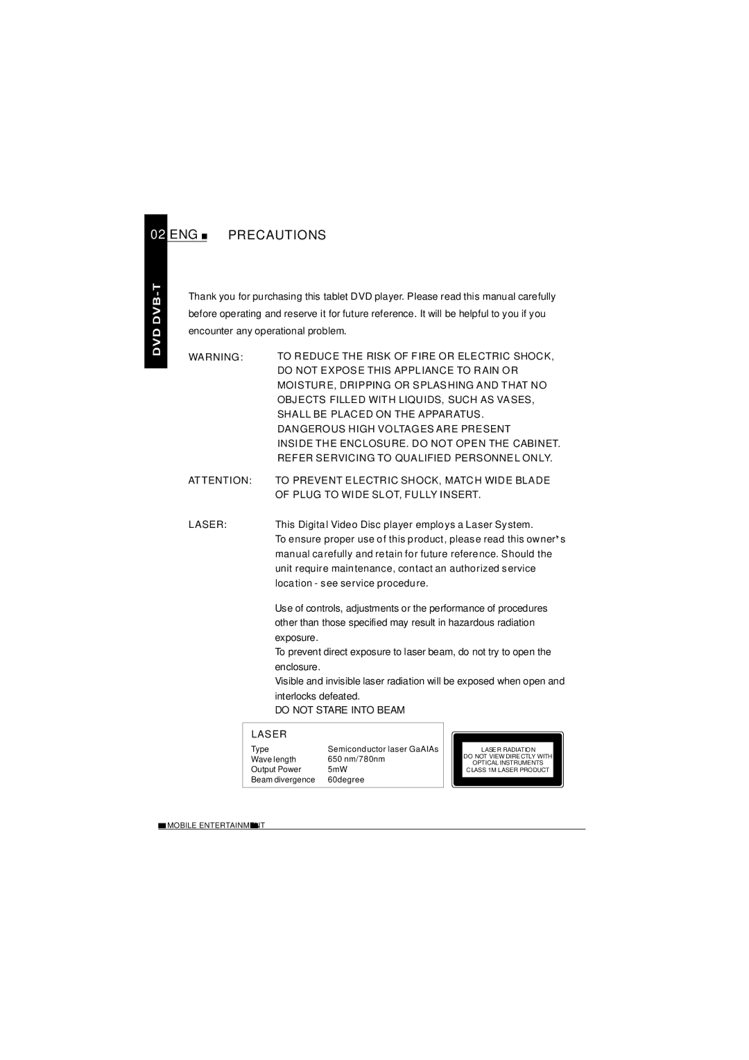 NextBase SDV1102-D operating instructions ENG Precautions, Laser 