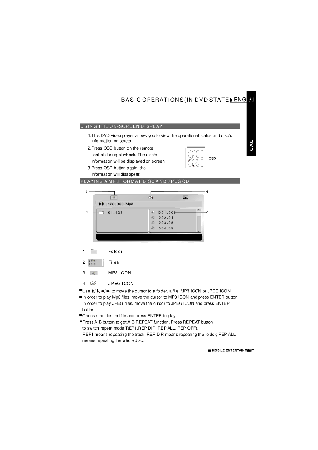 NextBase SDV1102-D operating instructions Using the ON-SCREEN Display, Playing a MP3 Format Disc and Jpeg CD 