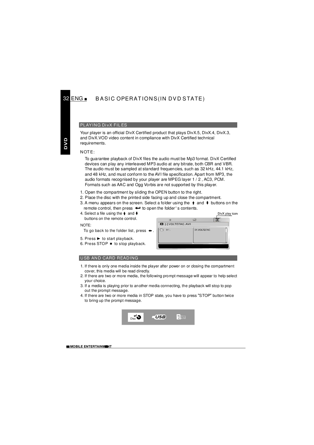 NextBase SDV1102-D operating instructions Playing DivX Files, USB and Card Reading 