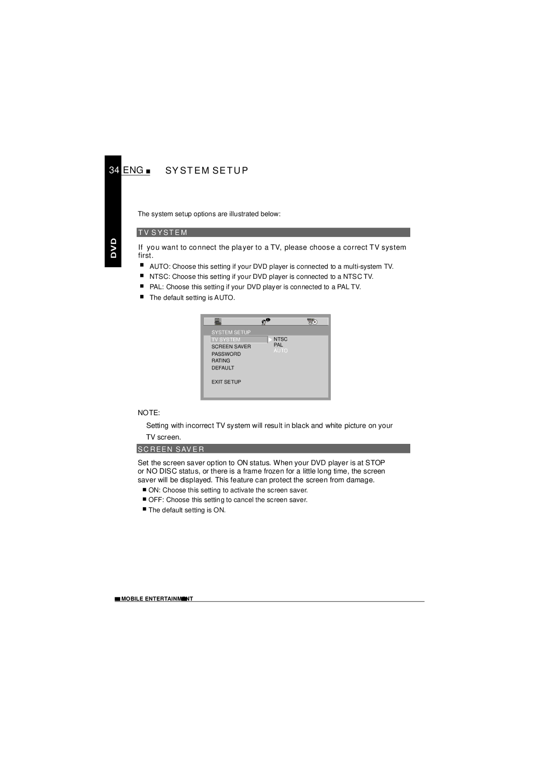 NextBase SDV1102-D operating instructions ENG System Setup, TV System, Screen Saver 