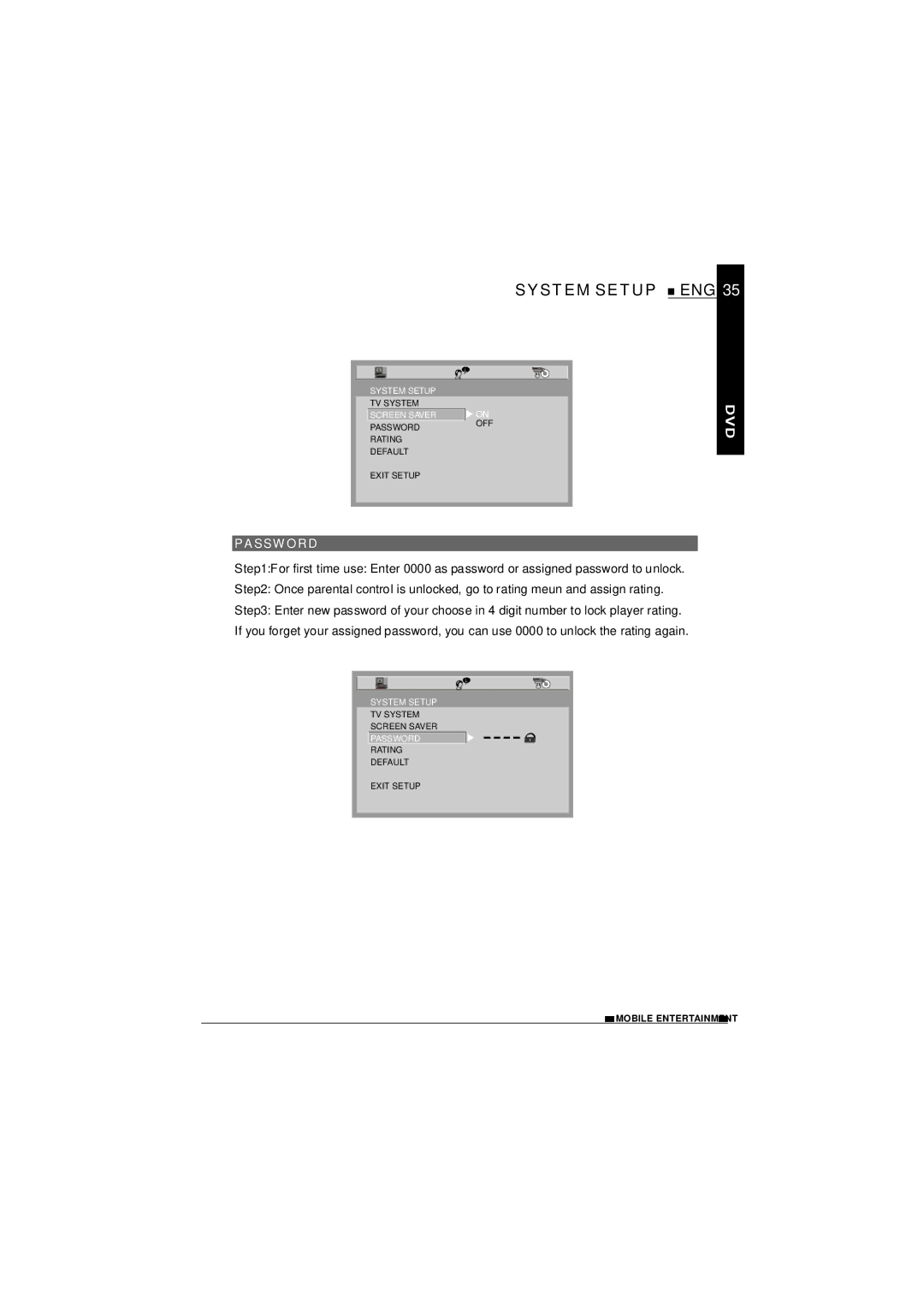 NextBase SDV1102-D operating instructions System Setup, Password 