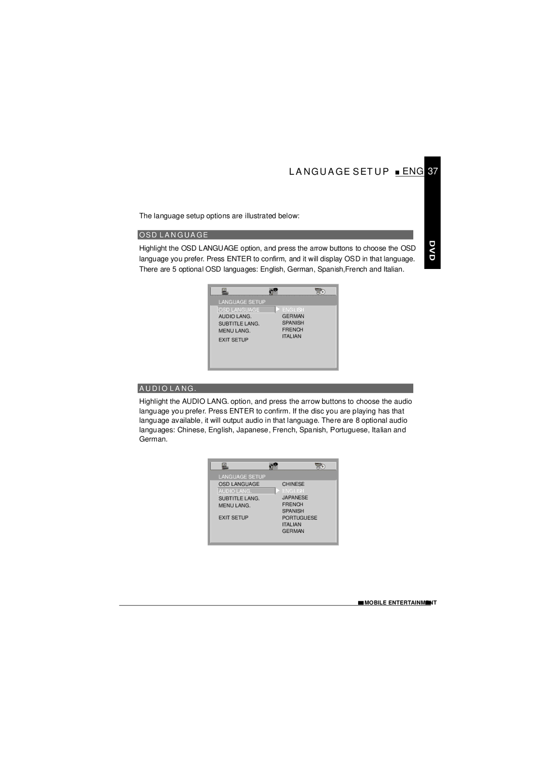 NextBase SDV1102-D operating instructions Language Setup, OSD Language, Audio Lang 