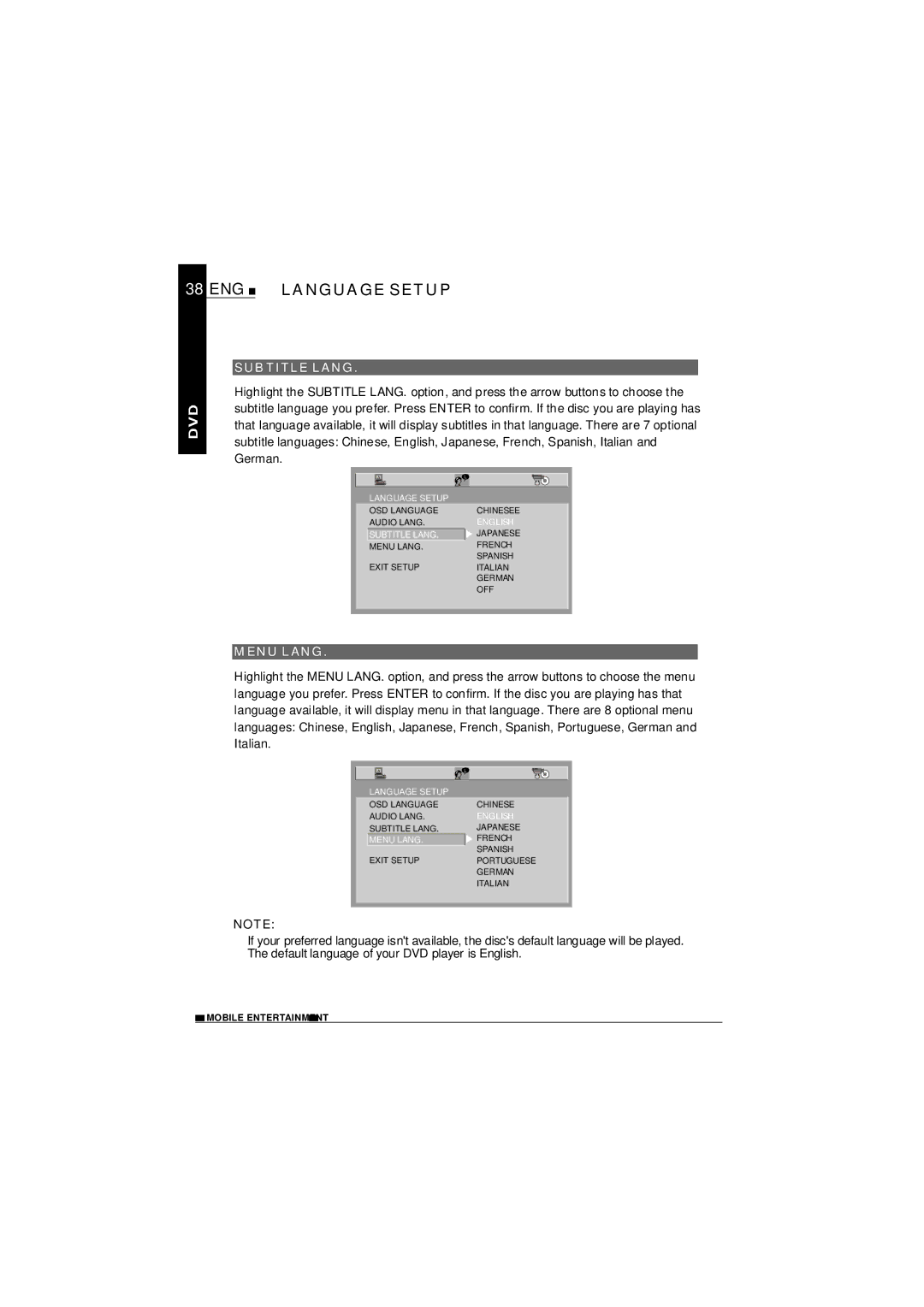 NextBase SDV1102-D operating instructions ENG Language Setup, Subtitle Lang, Menu Lang 