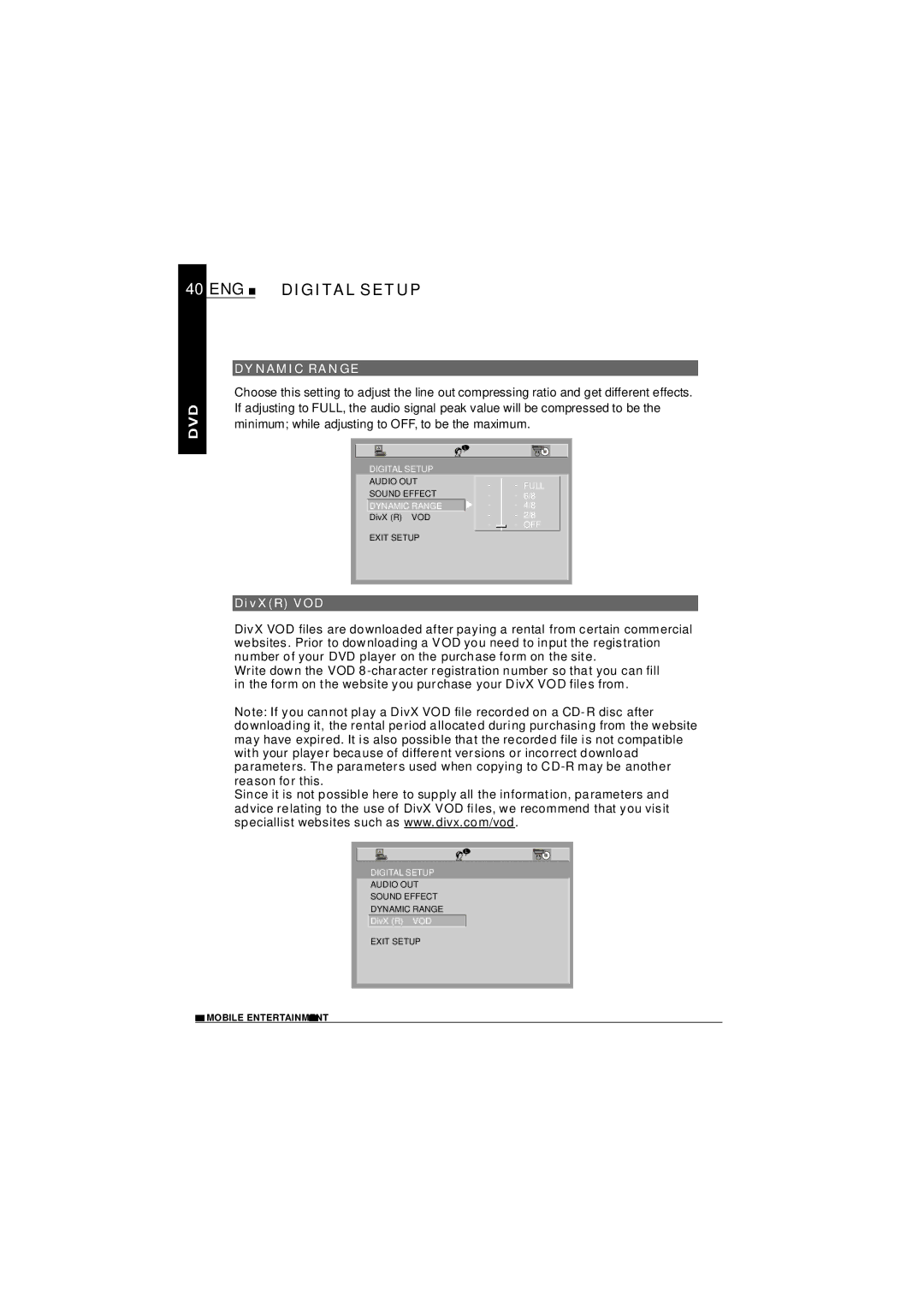 NextBase SDV1102-D operating instructions ENG Digital Setup, Dynamic Range 