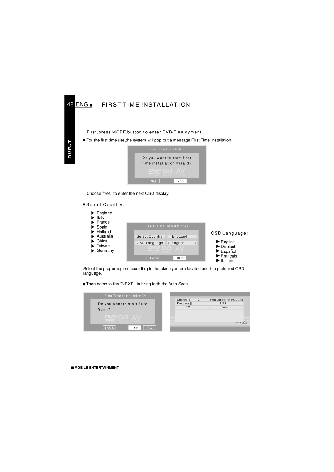 NextBase SDV1102-D operating instructions ENG First Time Installation, First,press Mode button to enter DVB-T enjoyment 