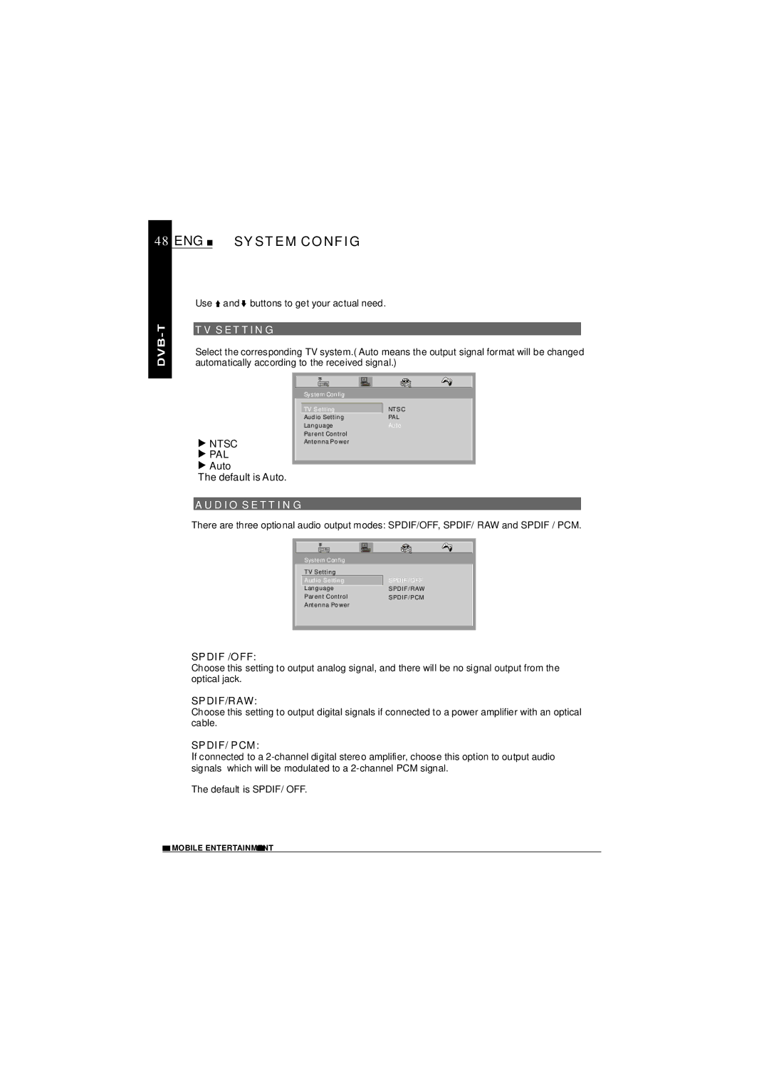 NextBase SDV1102-D operating instructions ENG System Config, TV Settin G, AUD IO SE TT in G 