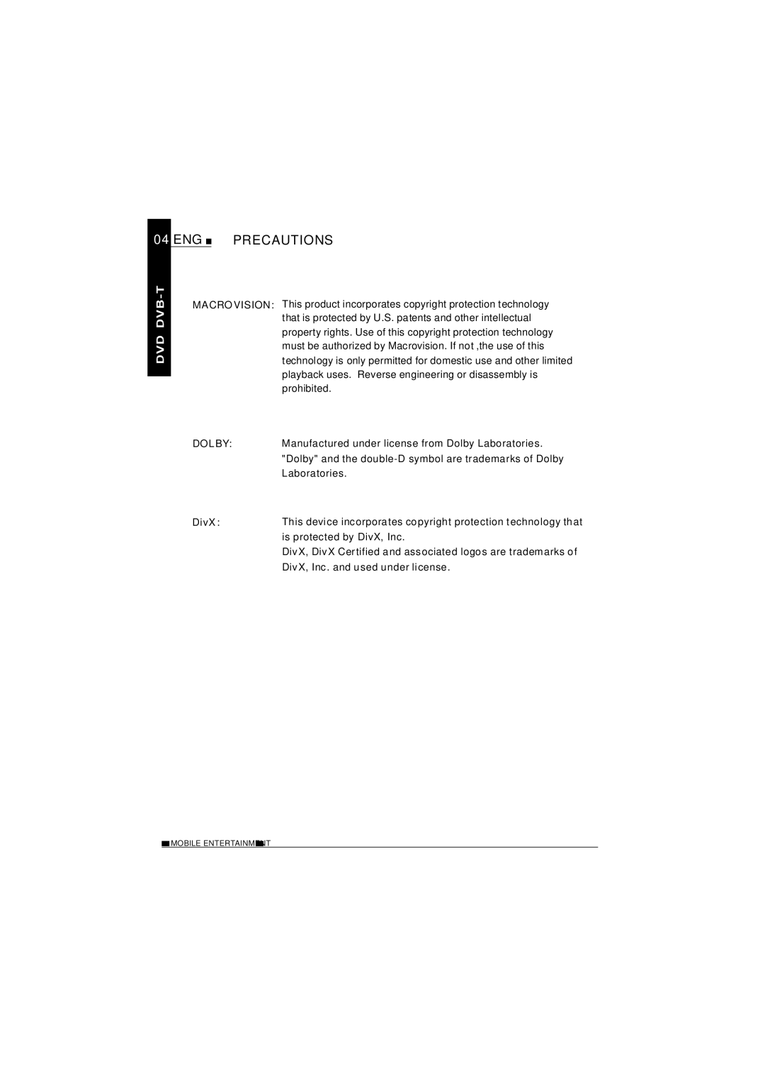 NextBase SDV1102-D operating instructions Macrovision Dolby 