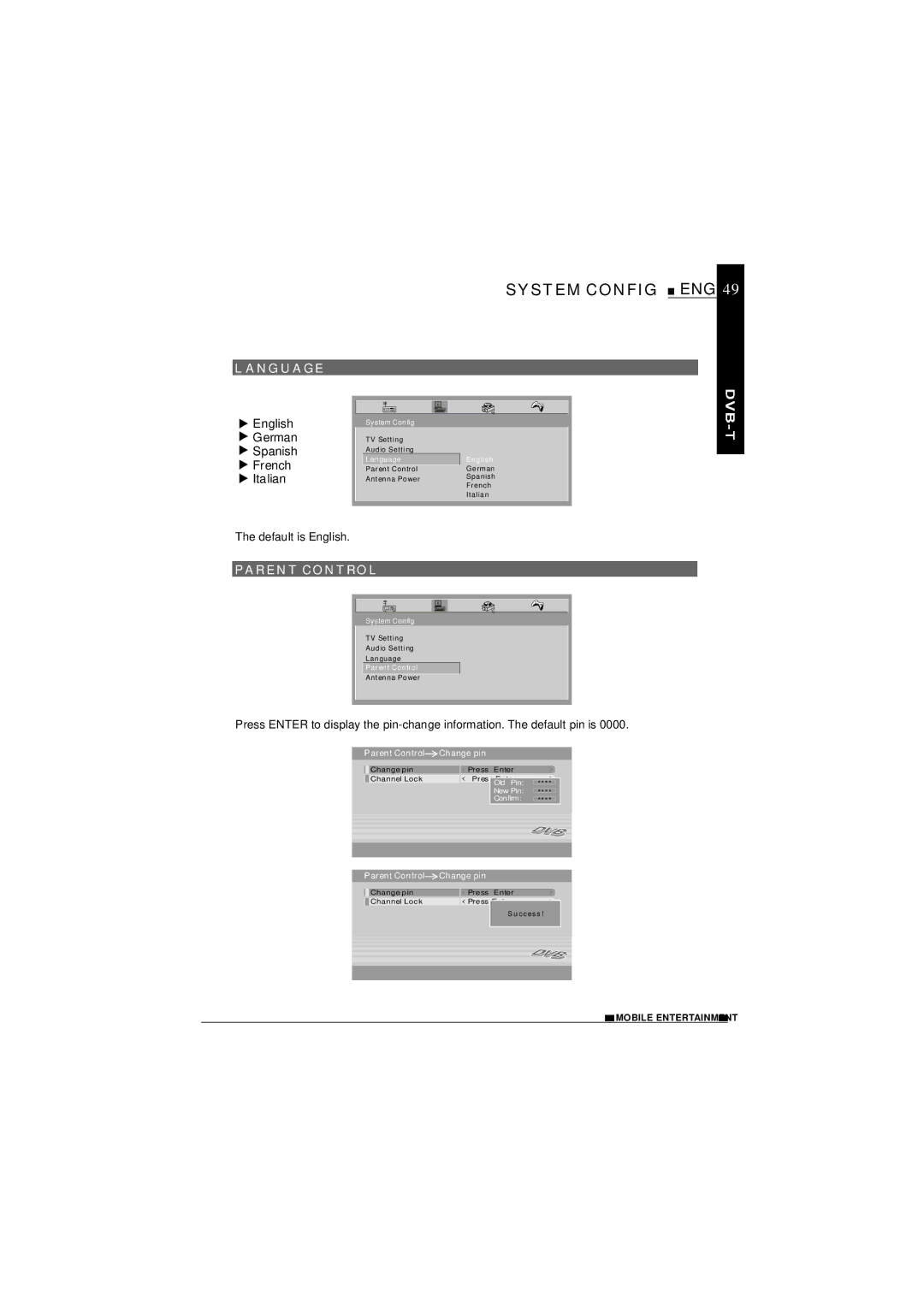 NextBase SDV1102-D operating instructions System Config, Anguage, Parent Contro L 