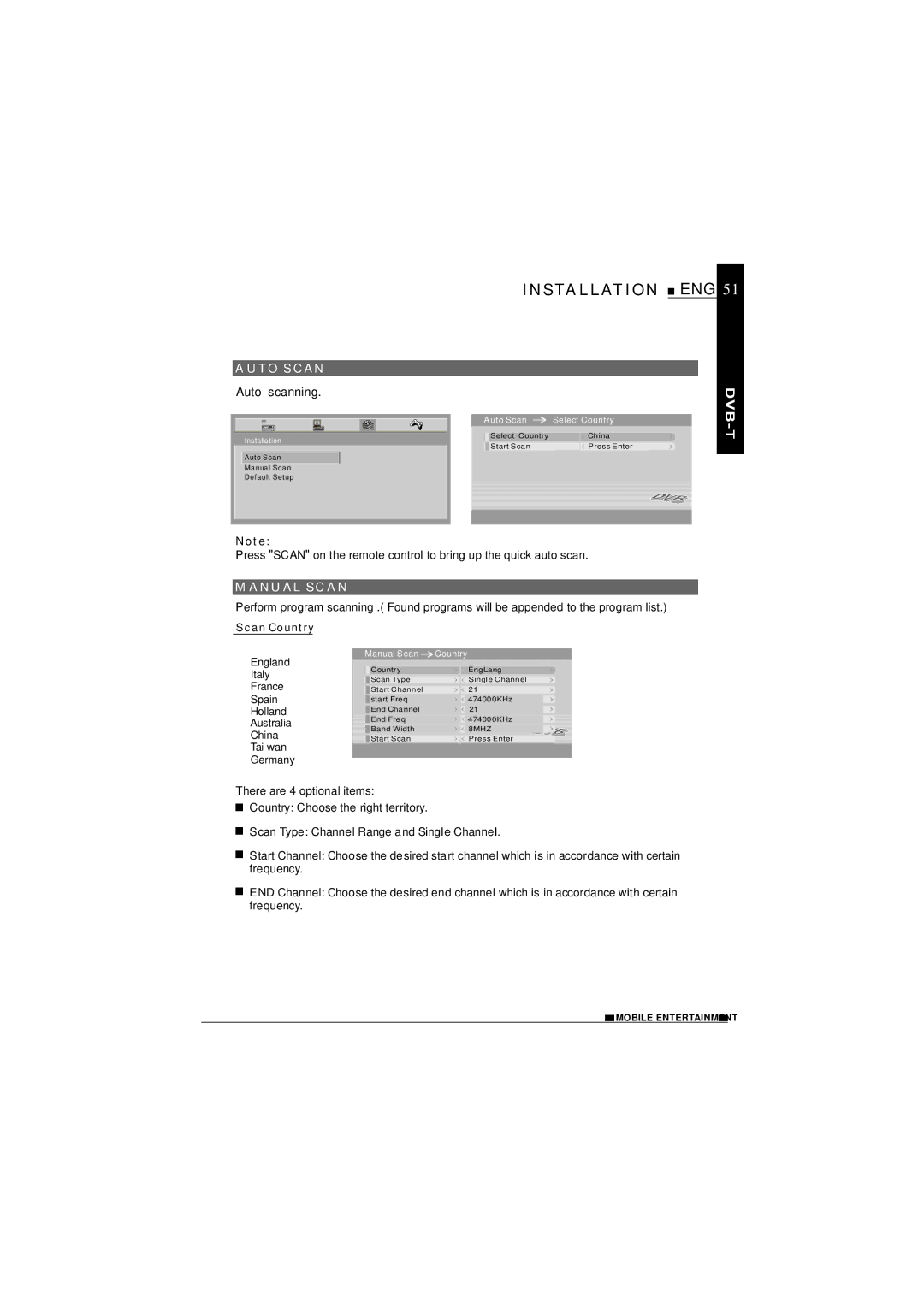 NextBase SDV1102-D operating instructions Installation, Auto Scan, Anual Scan 