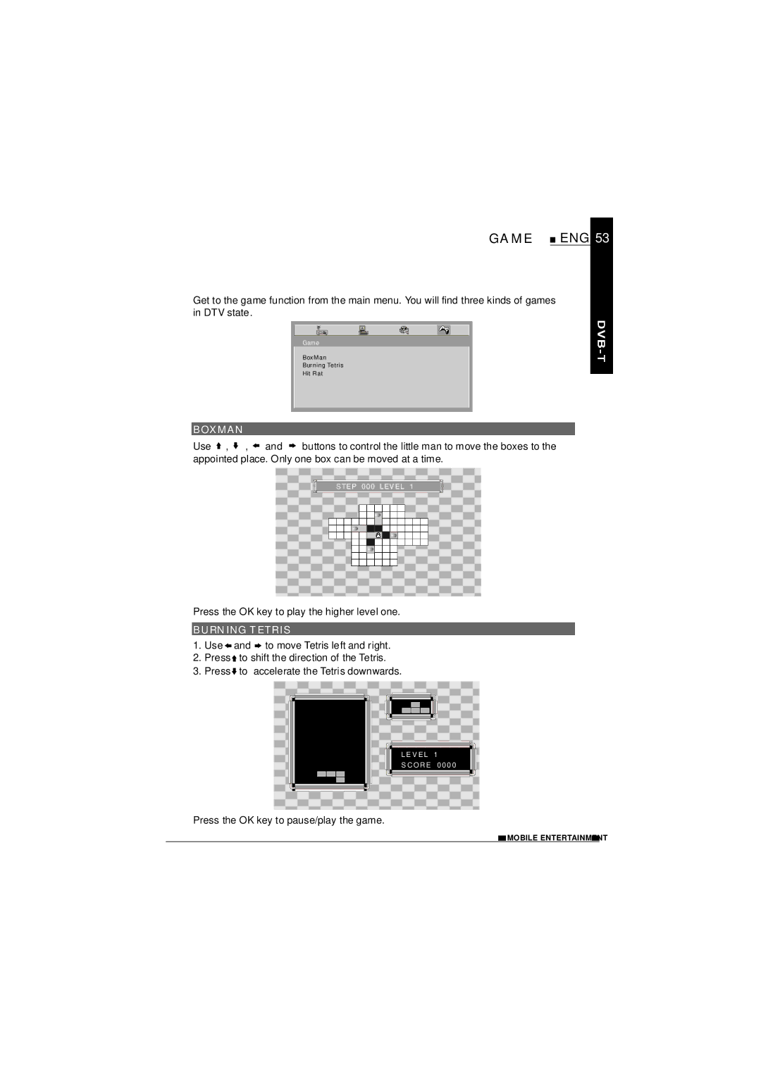 NextBase SDV1102-D operating instructions Game ENG, Boxman, Burning Tetris 