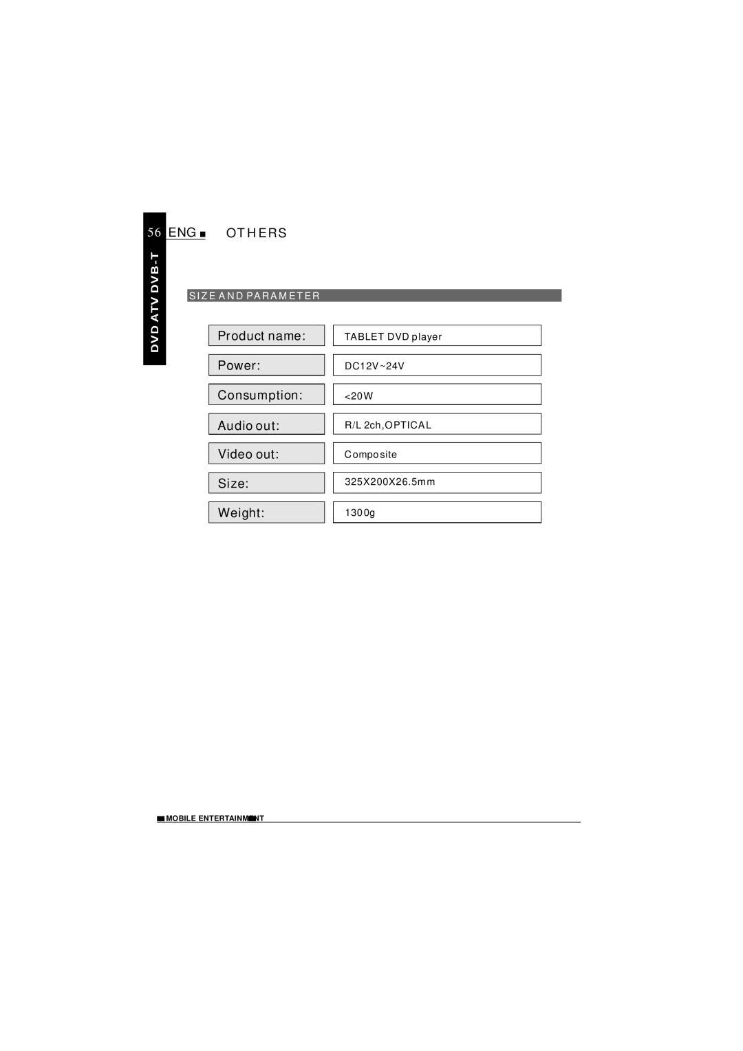 NextBase SDV1102-D operating instructions Others, Size and Parameter 