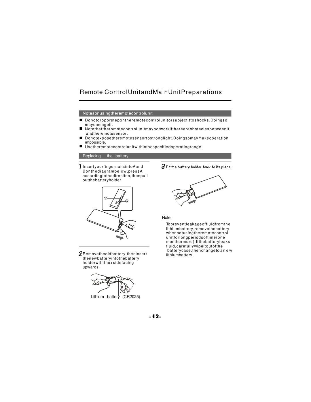 NextBase SDV17-SQ manual Remote ControlUnitandMainUnitPreparations, Replacing the battery 