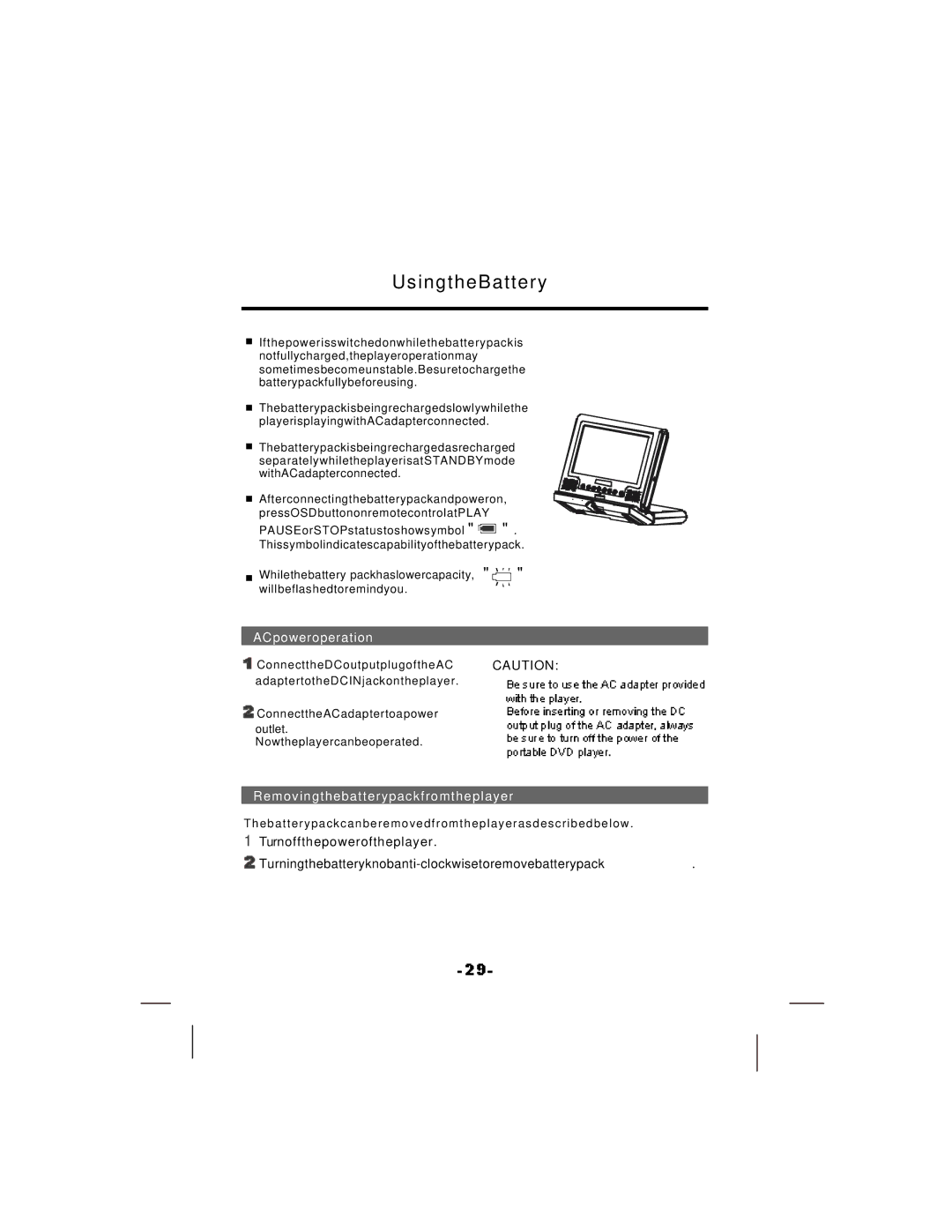 NextBase SDV17-SQ manual ACpoweroperation, Removingthebatterypackfromtheplayer 