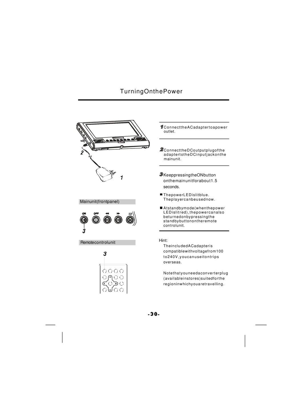 NextBase SDV17-SQ manual TurningOnthePower, KeeppressingtheONbutton onthemainunitforabout1.5 Seconds, Mainunitfrontpanel 