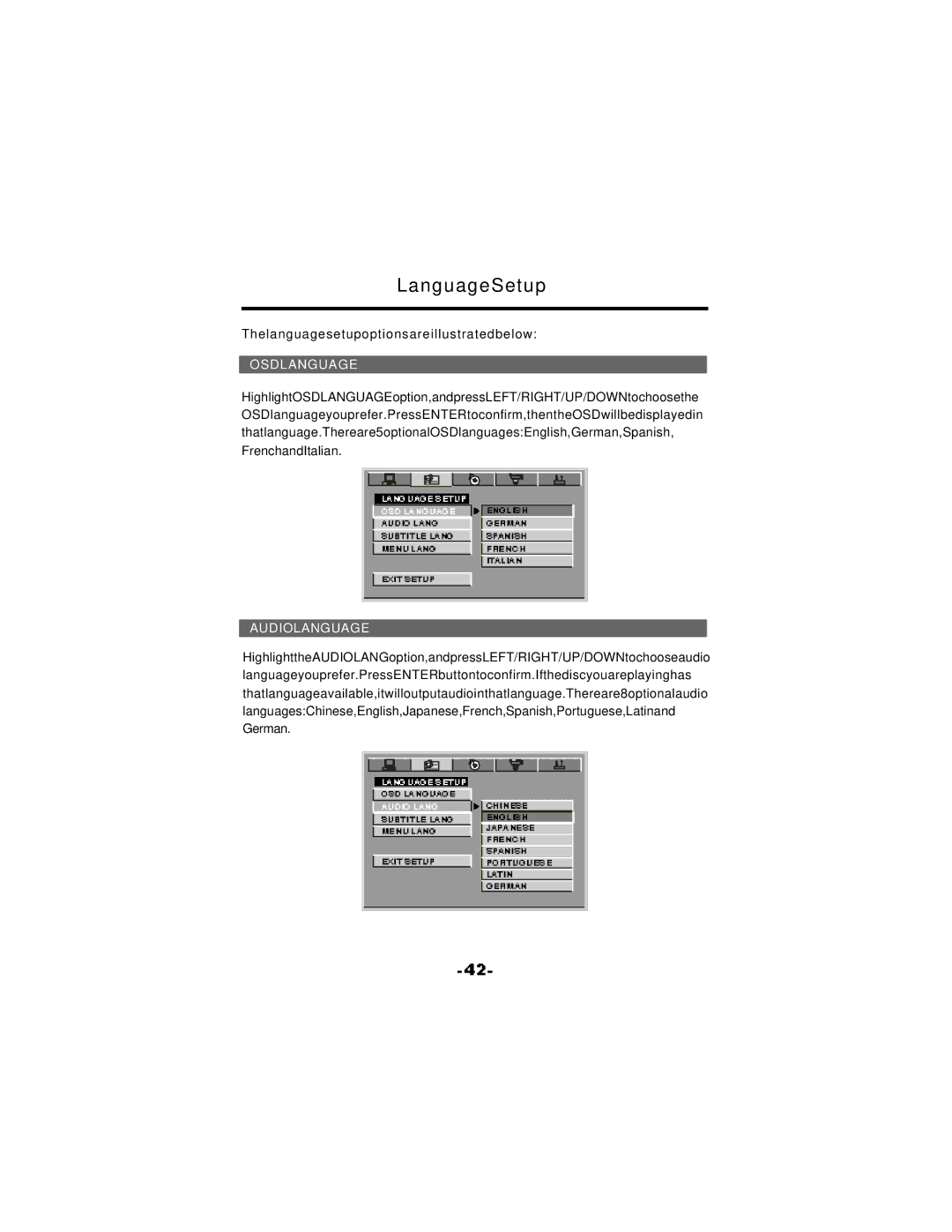 NextBase SDV17-SQ manual LanguageSetup, Osdlanguage, Audiolanguage 