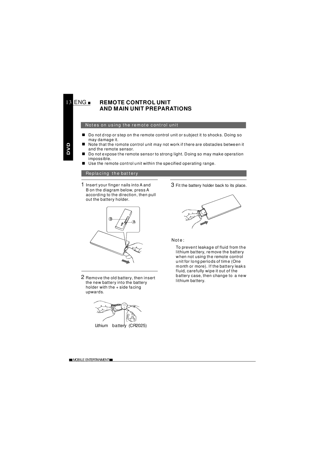 NextBase SDV27-SD operating instructions ENG Remote Control Unit Main Unit Preparations, Replacing the battery 