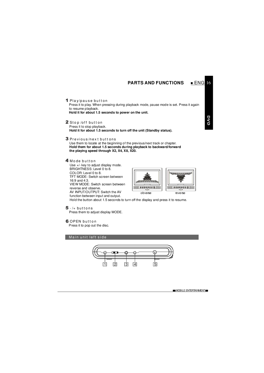 NextBase SDV27-SD operating instructions Parts and Functions ENG, Main unit left side 