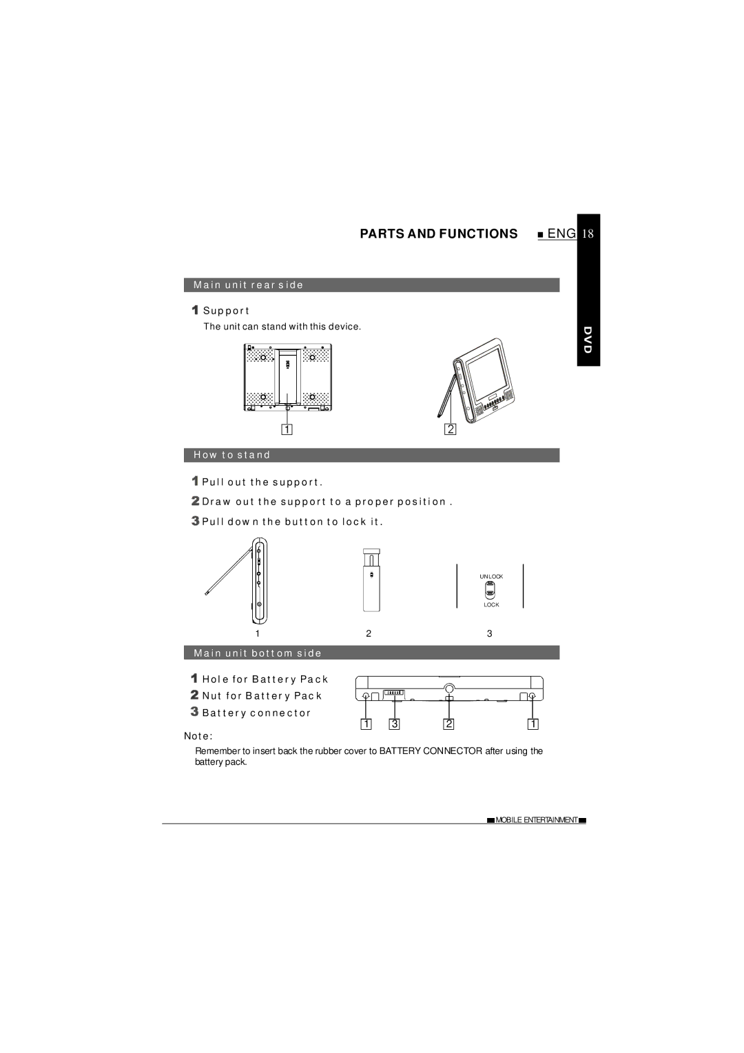 NextBase SDV27-SD Parts and Functions, Main unit rear side, Support, How to stand, Main unit bottom side 