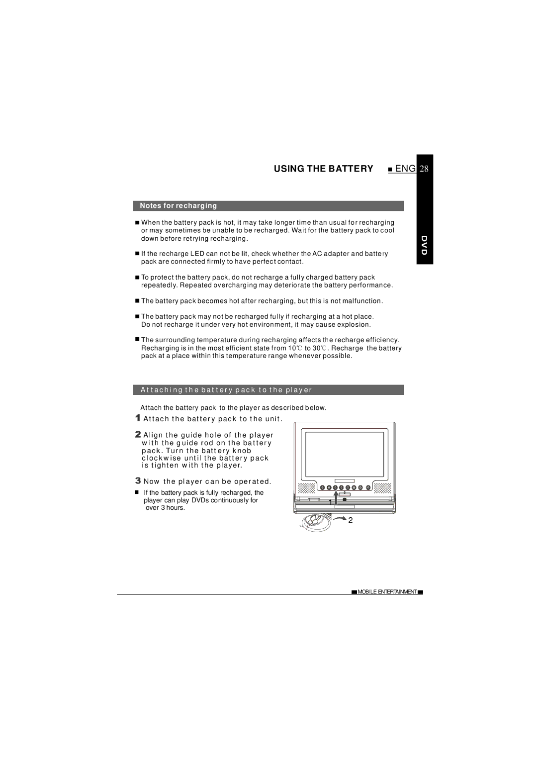 NextBase SDV27-SD operating instructions Using the Battery, Attaching the battery pack to the player 