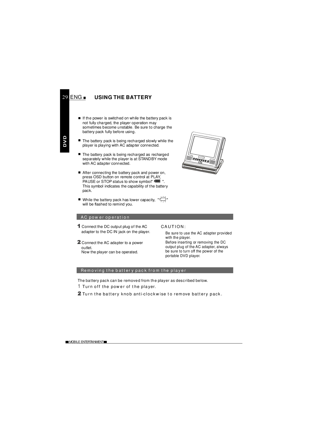 NextBase SDV27-SD operating instructions AC power operation, Removing the batter y pack from the player 