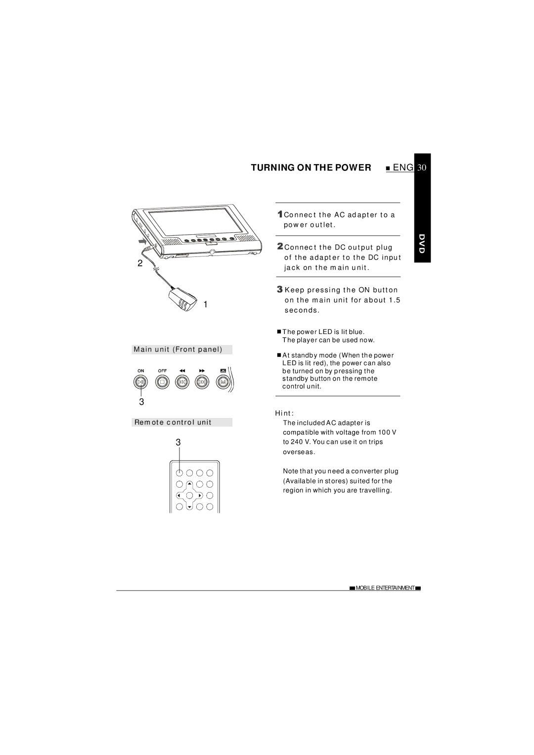 NextBase SDV27-SD operating instructions Turning on the Power, Remote control unit, Hint 