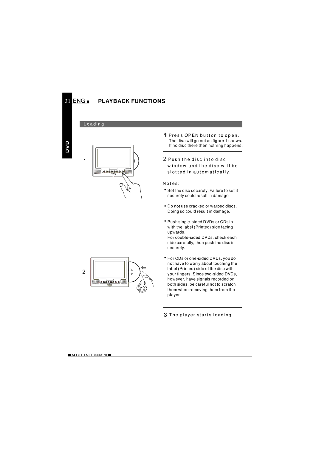 NextBase SDV27-SD operating instructions ENG Playback Functions, Loading, Press Open button to open, Player starts loading 