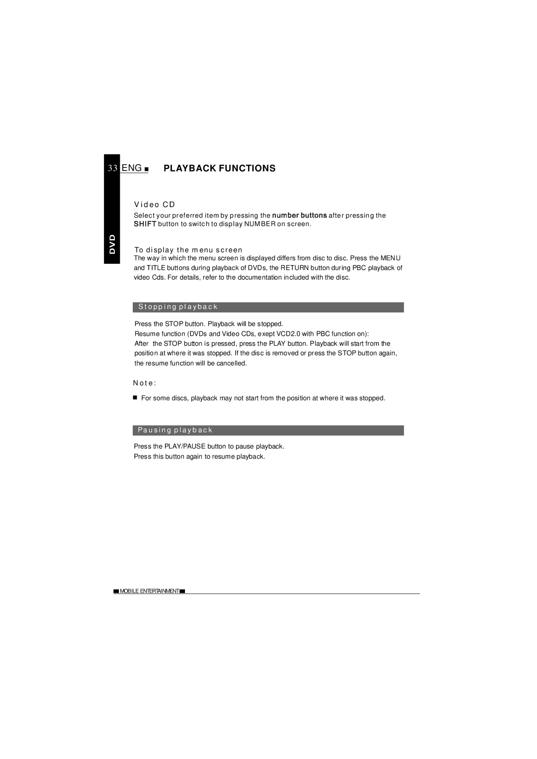 NextBase SDV27-SD operating instructions Video CD, To display the menu screen, Stopping playback, Pausing playback 