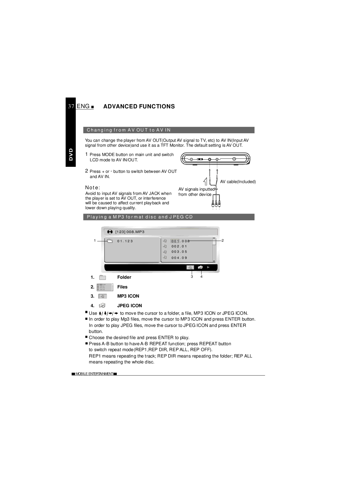 NextBase SDV27-SD ENG Advanced Functions, Changing from AV OUT to AV, Playing a MP3 format disc and Jpeg CD, Folder Files 